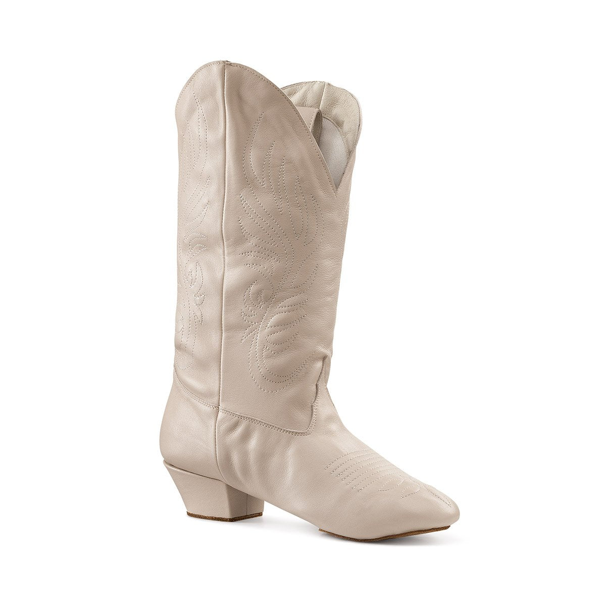 Paoul Monterey ladies' nude nappa leather dance boot with a stylish heel and elegant stitching, designed for comfort and flexibility.