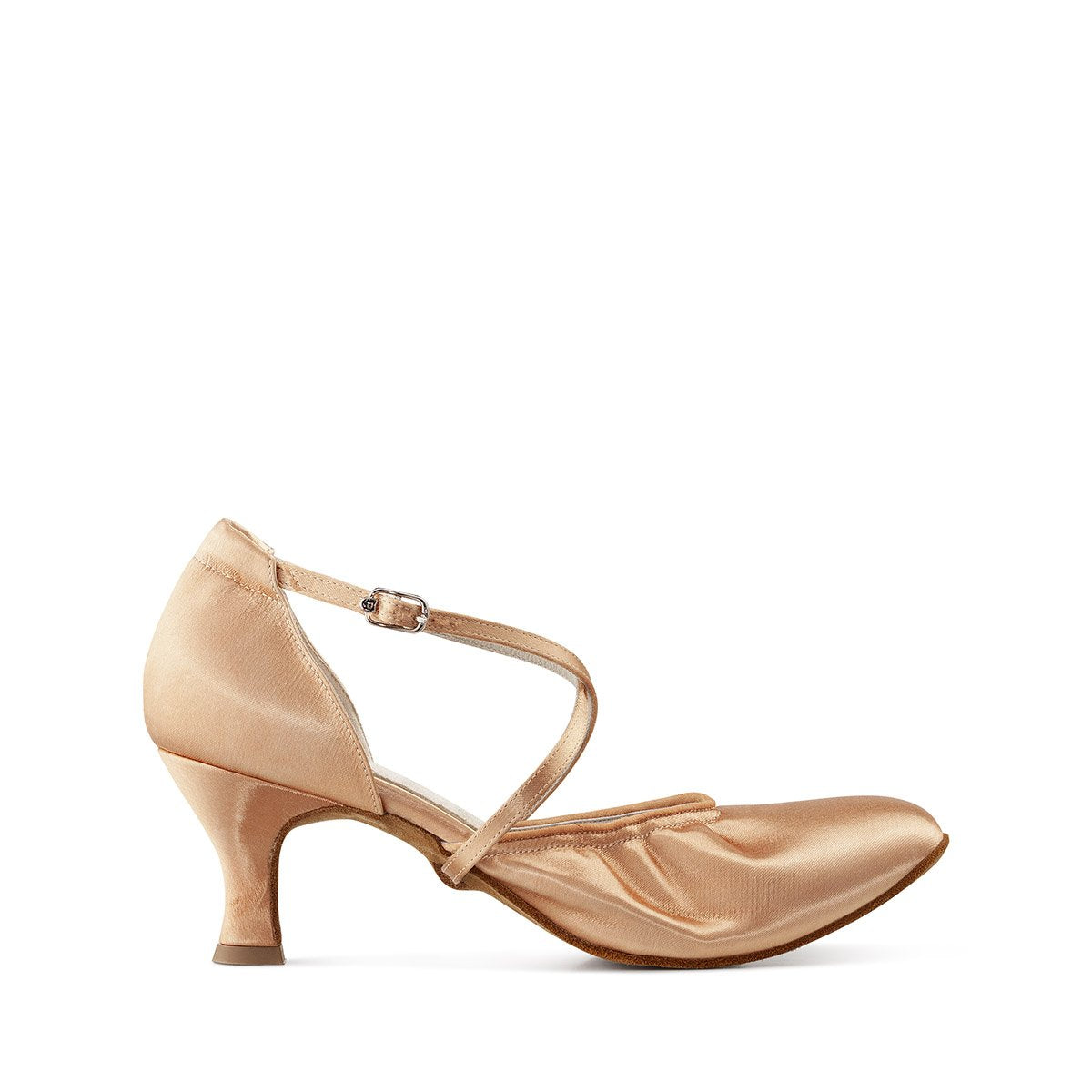 Paoul Streamline Flesh or Tan Satin Ladies Smooth Ballroom Dance Shoe with Elastic Band and Crossed Strap