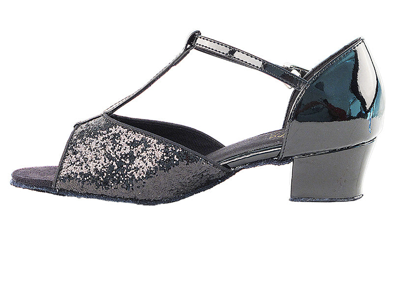 Very Fine 801 Silver or Black Sparkle Ladies Latin Dance Shoe with T-Bar Strap and Cuban Heel