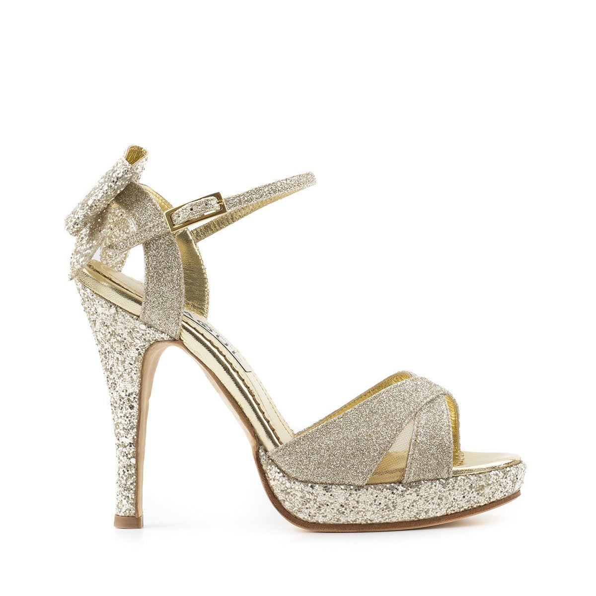 Paoul Caterina Dance Shoe Light Gold Glitter Slim Heel, Bow
