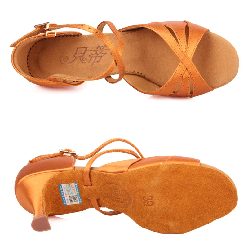 Top and bottom view of Women's BD Latin Dance Shoes BD 2363 in tan satin, highlighting the cushioned insole and suede sole for smooth movement.