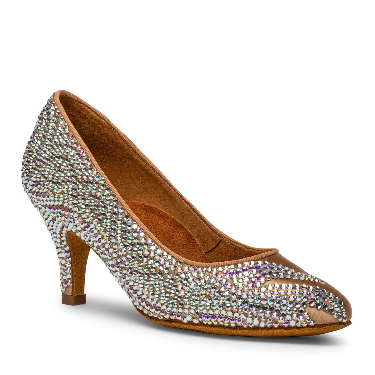 International Dance Shoes IDS Peach Satin ICS RoundToe by Lauren Ballroom Shoe Covered in Preciosa Crystals