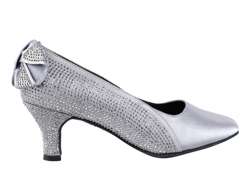 Very Fine SERA5512 Ladies Satin Ballroom Dance Shoe with Stones and Bow on Back of Heel Available in Gray, White, and Black