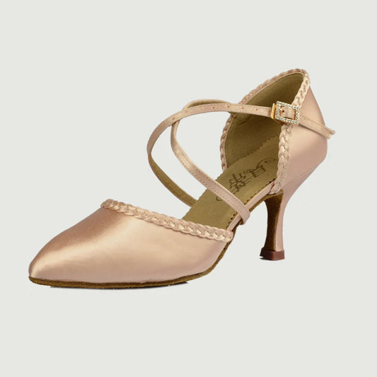 BD Brand Tan Satin Smooth Ballroom Dance Shoes with Braided Detail on Toe Box and Heel BD184_SALE