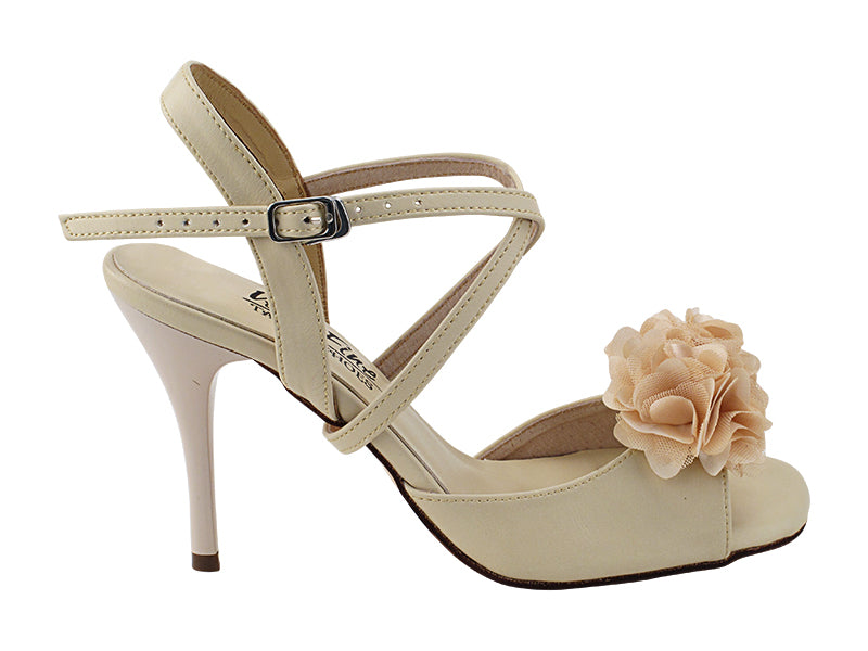 Very Fine VFTango 025 Light Beige Leather Ladies Tango Shoes with Criss Cross Ankle Straps and Flower Detail