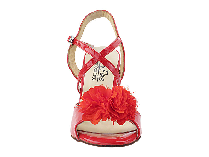 Very Fine VFTango 025 Red Patent Ladies Tango Shoes with Criss Cross Ankle Straps and Flower Detail