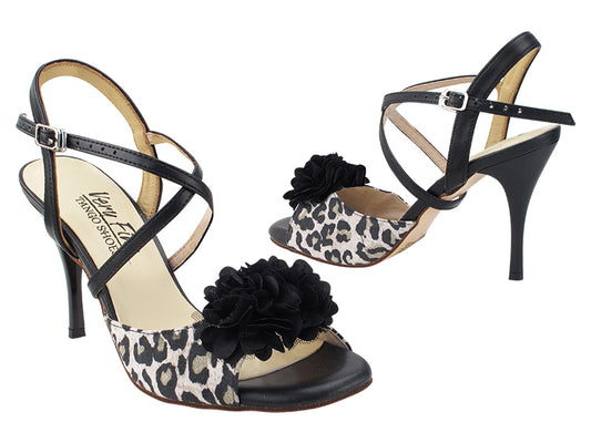 Very Fine VFTango 025 Snow Leopard Suede Ladies Tango Shoes with Criss Cross Ankle Straps and Flower Detail