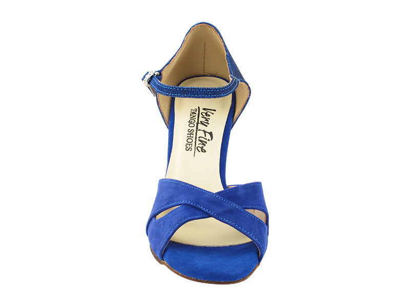 Very Fine VFTango 029 Navy Blue Suede & Blue Glitter Satin Ladies Tango Shoes in Multiple Widths with Single Ankle Strap
