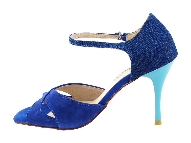 Very Fine VFTango 029 Navy Blue Suede & Blue Glitter Satin Ladies Tango Shoes in Multiple Widths with Single Ankle Strap
