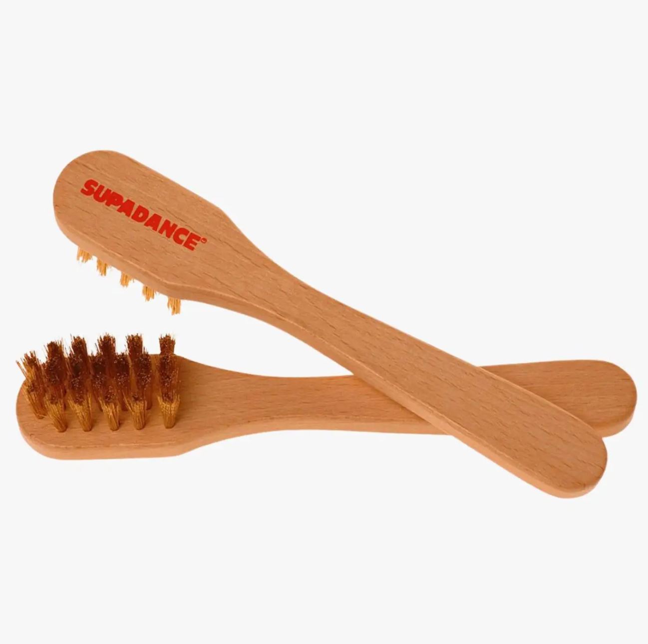Supadance soft shoe brush with wooden handle and brass bristles, designed to maintain suede soles in top condition. Ideal for shoe care and maintenance.