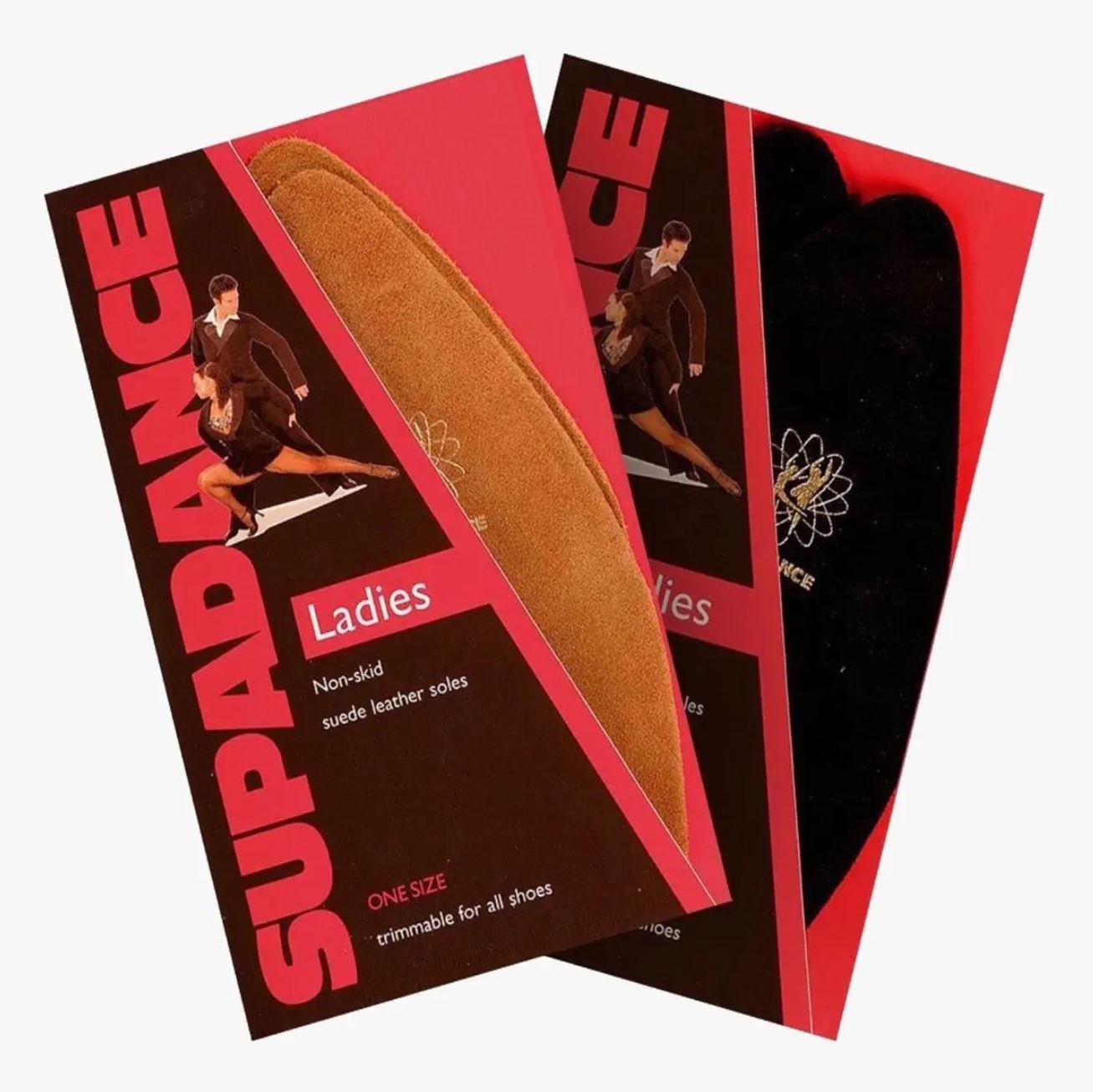 Supadance women's replacement suede leather soles for dance shoes in black and tan. Non-skid, trimmable, and designed for optimal dance performance.