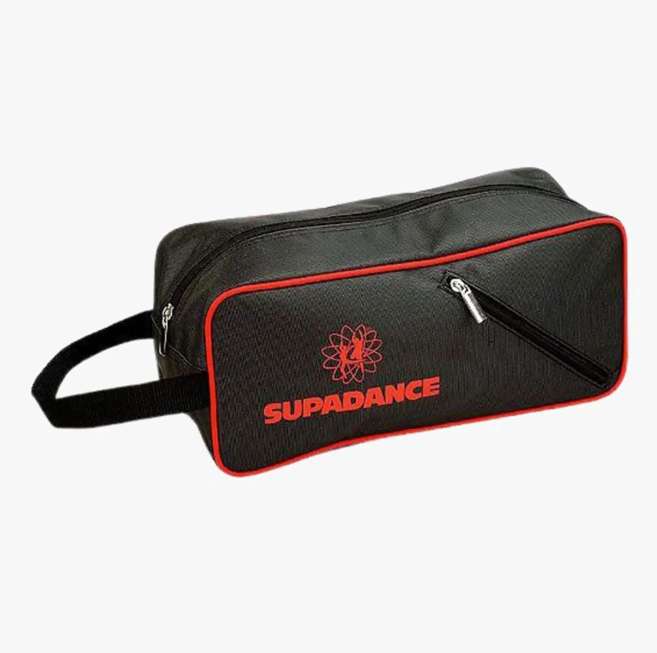 Supadance black shoe case with zipper and outside zip pocket, designed for secure shoe storage. Features a durable handle and stylish red trim.
