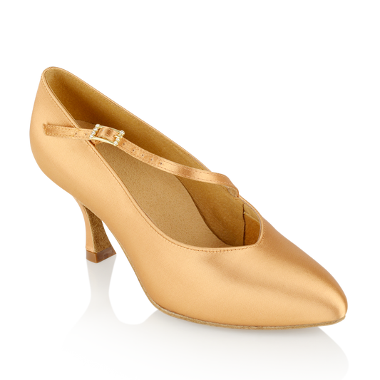 Ray Rose 119A Nimbus Flesh Satin Standard Ballroom Dance Shoe with Diagonal Strap and Flared Heel