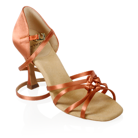 Ray Rose Latin shoe in dark tan satin with a hook buckle with the ankle strap and tied toe straps