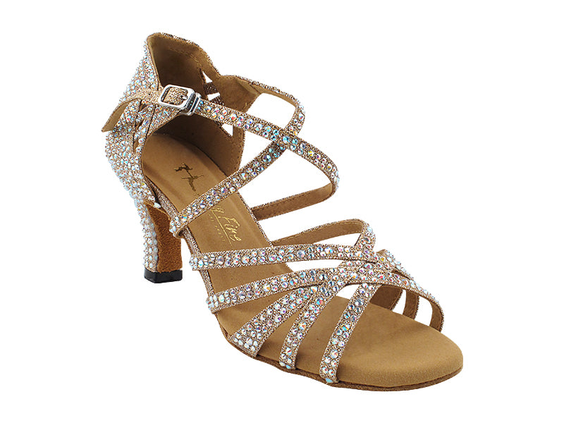 Very Fine 3037Bling Champagne Glitter Satin Ladies Latin Dance Shoe with AB Crystal Rhinestones and Ankle Strap