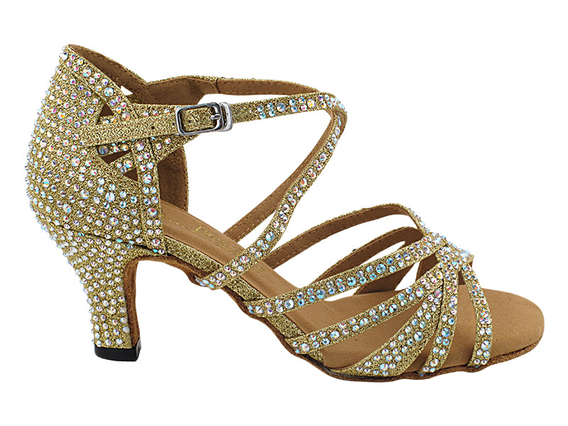 Very Fine 3037Bling Gold Glitter Satin Ladies Latin Dance Shoe with AB Crystal Rhinestones and Ankle Strap