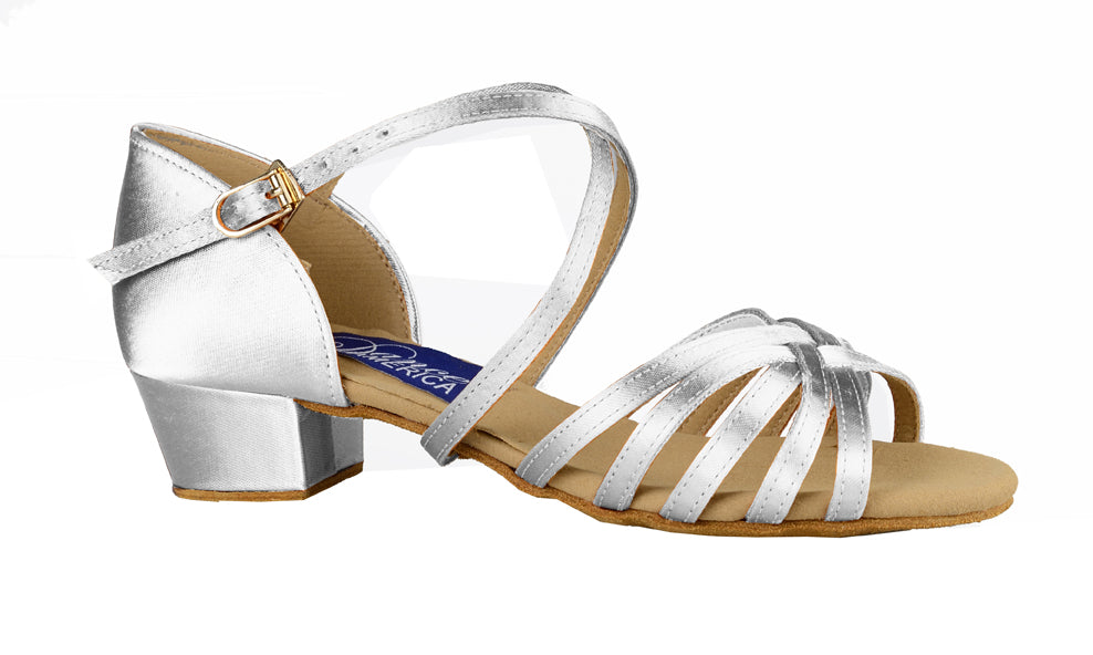 Dance America Alexandria Children's Latin Shoes in Dark Tan and White Satin with a 1.4" Block Heel