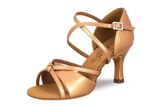 BD Dance 2376 Tan/Gold/Silver Leather Ladies Latin Dance Shoe with Cross Ankle Strap