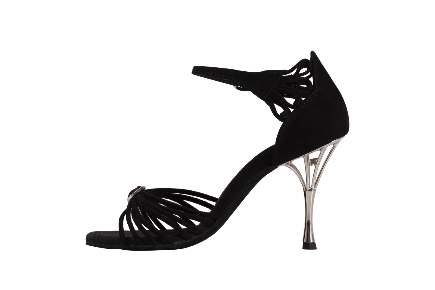 Dance Naturals 883/884 Venere Black Suede Multi-Strap Latin Shoe with Swarovski Buckles and Flower-Shaped Embellishment on Heel