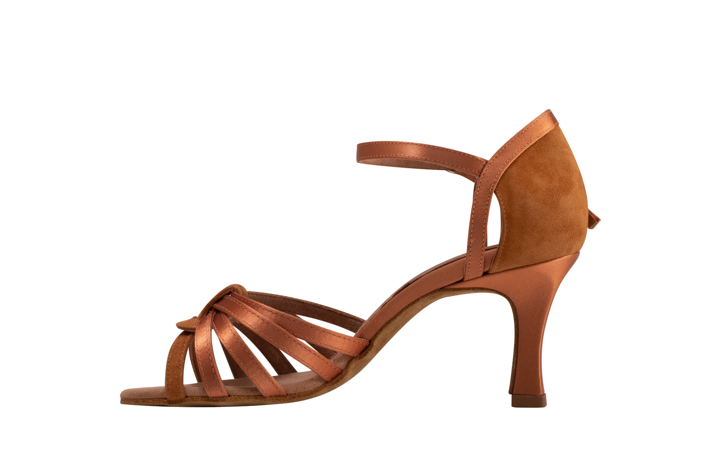 Dance Naturals 62 Marea Brown Satin and Suede Ladies Latin Dance Shoe with Cutouts on Heel