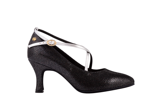 Dance Naturals 96 Isabella Glitter Black Printed Ballroom Dance Shoe with Crossed Silver Leather Straps and Pointed Toe