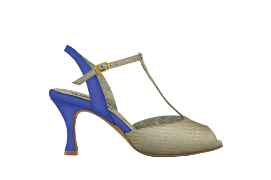 Dance Naturals 26 Vignole Blue Suede and Platinum Fish Open Toe Ladies Tango Dance Shoe with T-Strap and Open Heel