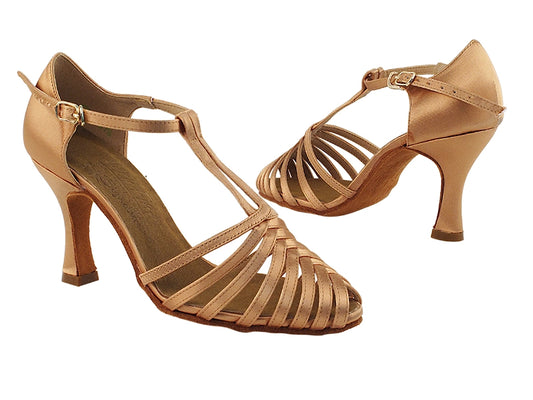 Very Fine S9177 Ballroom Smooth Tan Satin T-Strap Available in 2.5" and 3" Heel