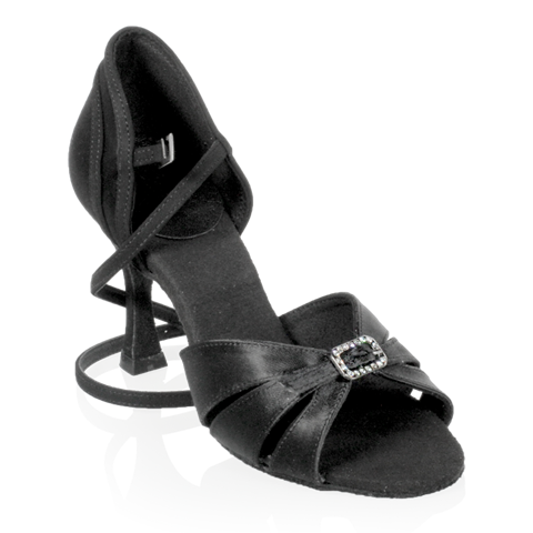 Partial Side View of Black Satin Ladies Latin Shoe by Ray Rose with adjustable ankle strap with hook buckle and three piece toe strap with stones buckle at center