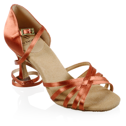 Dark Tan Satin Latin Shoes with Adjustable Ankle Strap with stoned buckle and woven toe strap