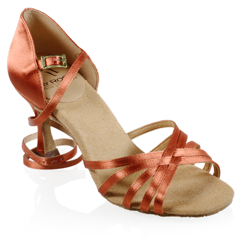 Dark Tan Satin Latin Shoes with Adjustable Ankle Strap with stoned buckle and woven toe strap