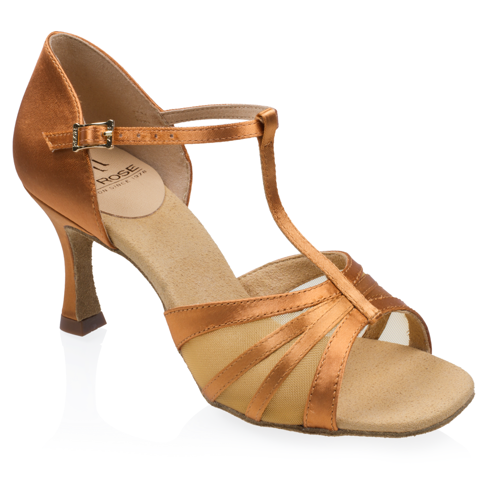 Light Tan Satin Ladies Latin Dance Shoe with Square Toe, Mesh, and T-Strap