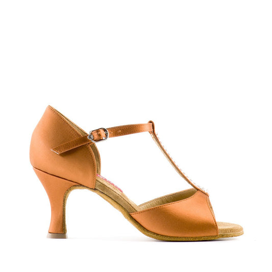 Tan Satin Latin Dance Shoe with Rhinestones on T-Bar and Flare Heel