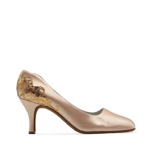 Flesh Satin Ladies Ballroom Dance Shoe with Gold Detailing on the Heel