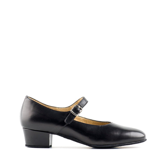 Ladies Black Leather Social Dance Shoe with Mary Jane Strap and Low Heel