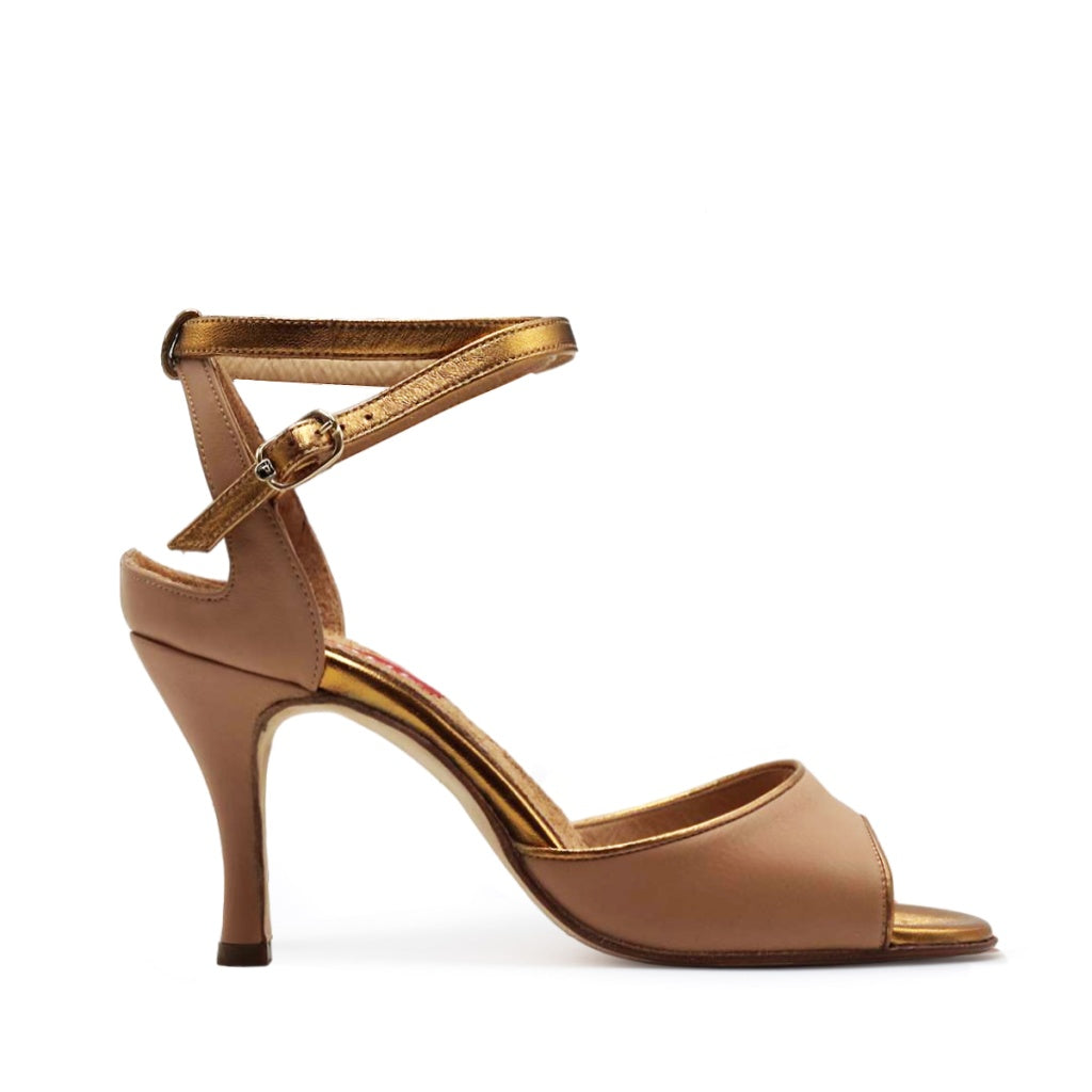 Paoul Double Traspiè Ladies Argentine Tango Dance Shoes in Nude Nappa Leather with Open Back and Crossed Ankle Straps