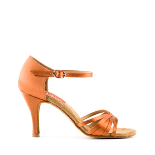 Tan Satin Latin Dance Shoe with Square Toe Shape and Wider Width