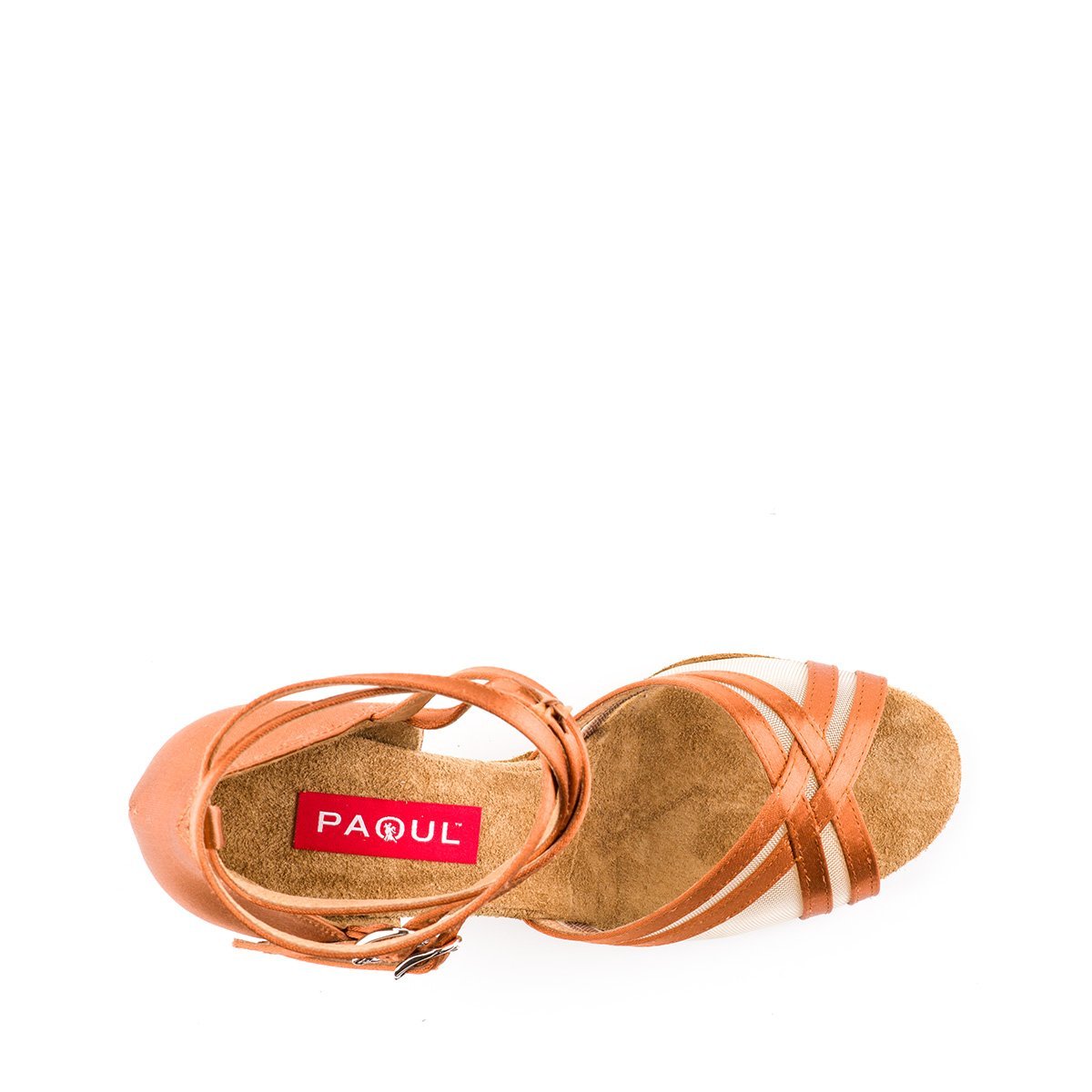 Top view of tan satin shoes for Latin dancing