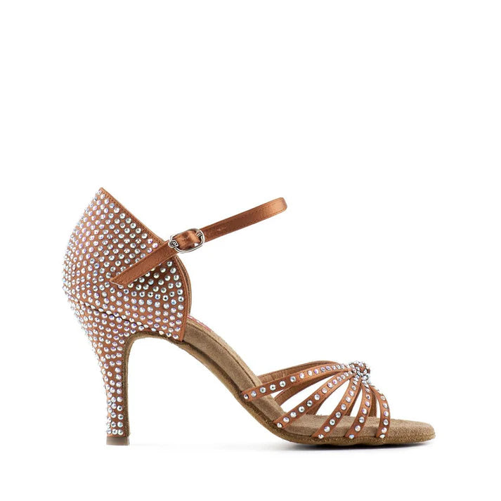 Paoul New York_SALE Ladies Tan Satin Latin Dance Shoe Covered in Crystal AB Rhinestones with Stiletto Heel