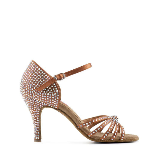 Paoul New York_SALE Ladies Tan Satin Latin Dance Shoe Covered in Crystal AB Rhinestones with Stiletto Heel