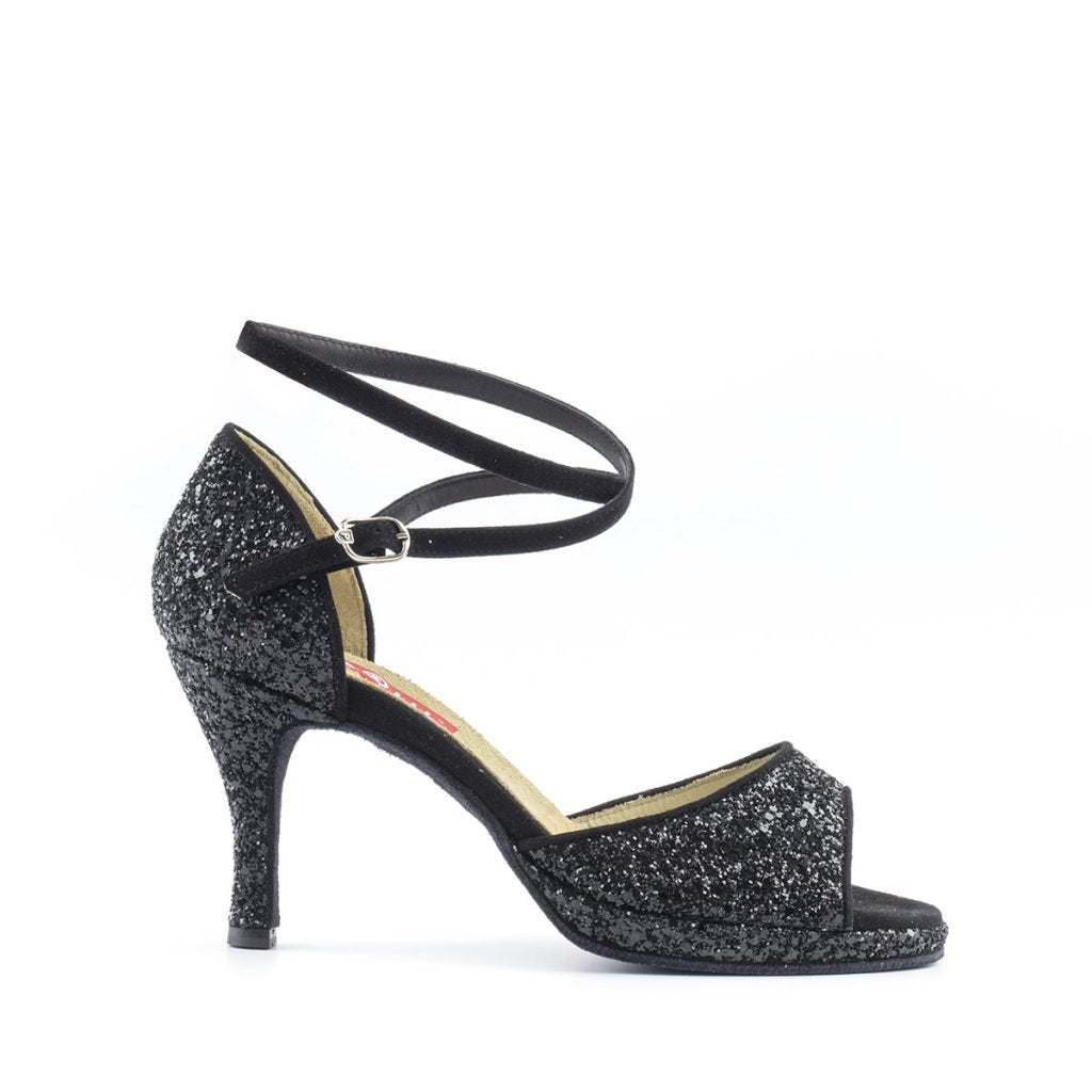 Paoul Cattura Black Glitter Salsa and Latin Dance Shoe with Double Ankle Strap