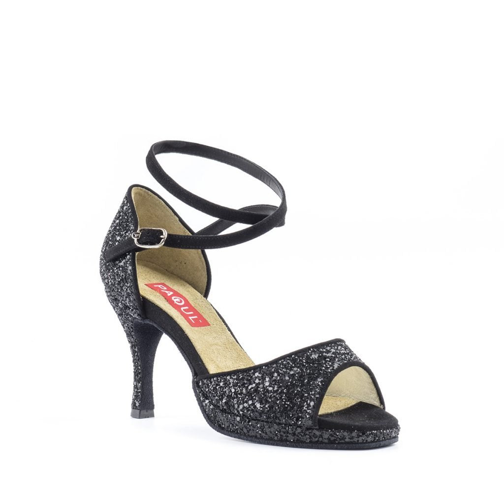 Paoul Cattura Black Glitter Salsa and Latin Dance Shoe with Double Ankle Strap