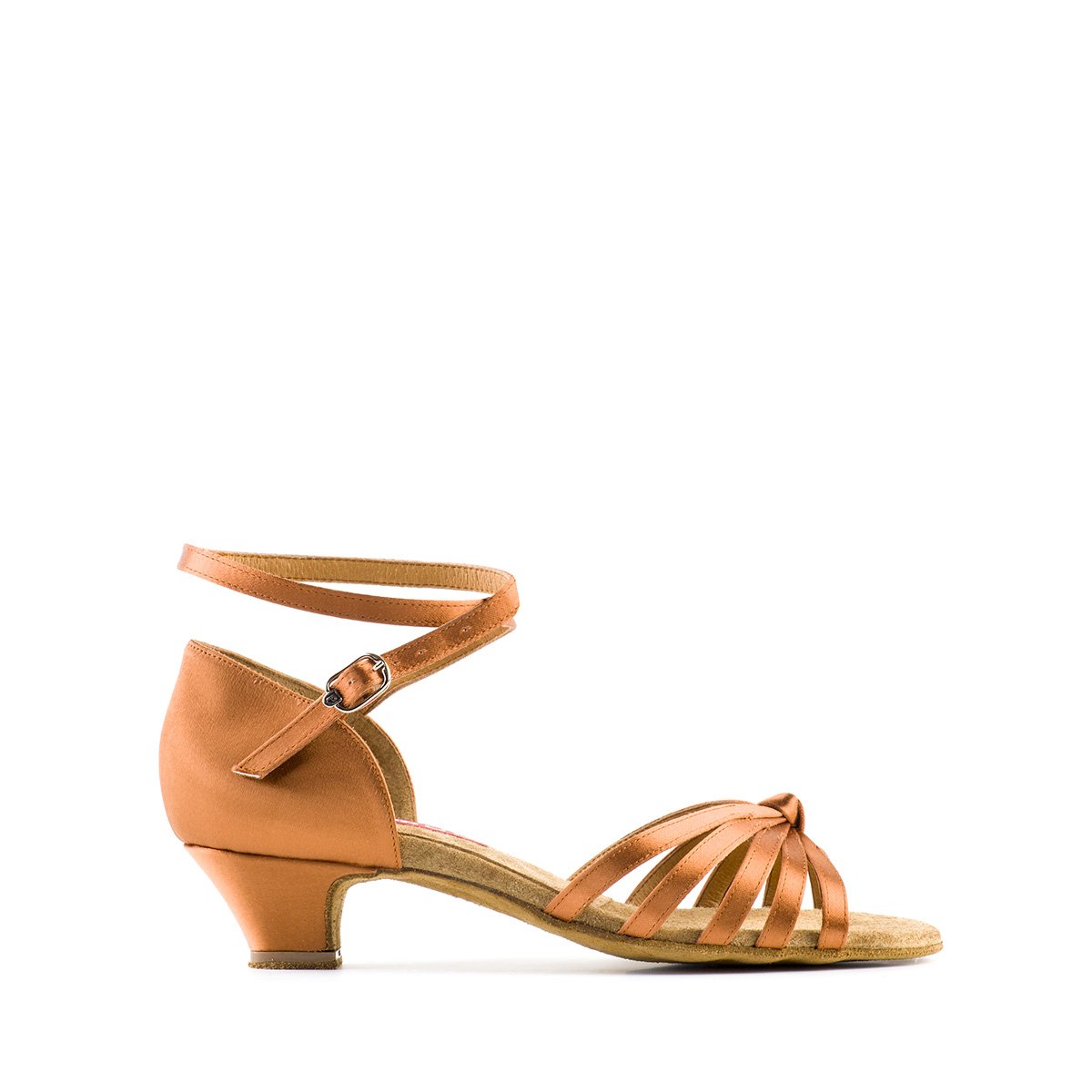 Tan Satin Ladies Latin Dance Shoe with Flare Heel and Wrap Around Ankle Cross Strap
