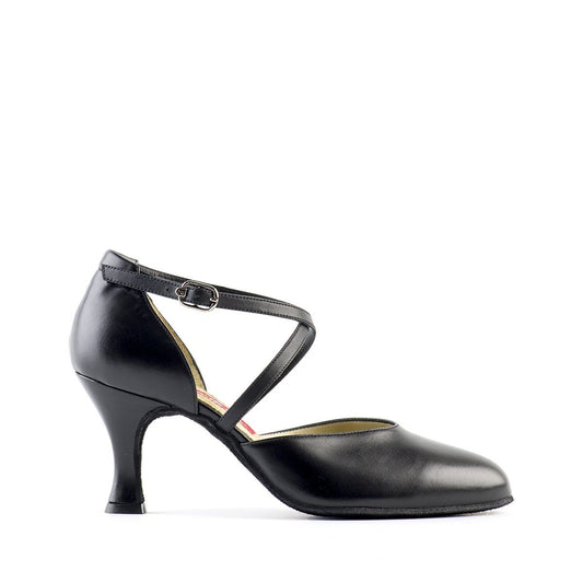 Black Leather Smooth Ballroom Dance Shoe with Crossed Ankle Strap