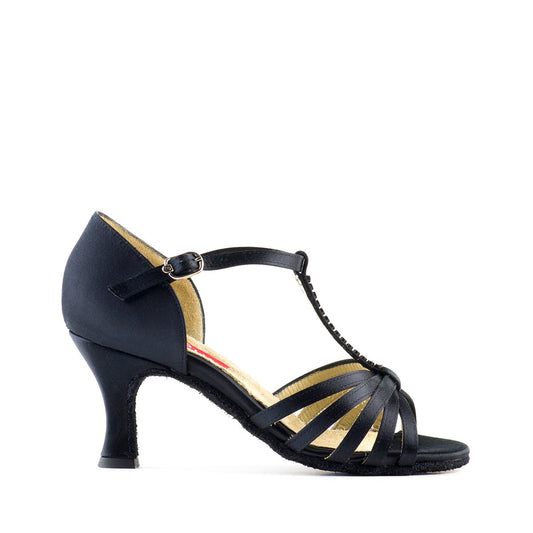 Black Satin Latin Dance Shoe with T-Strap and Flare Heel
