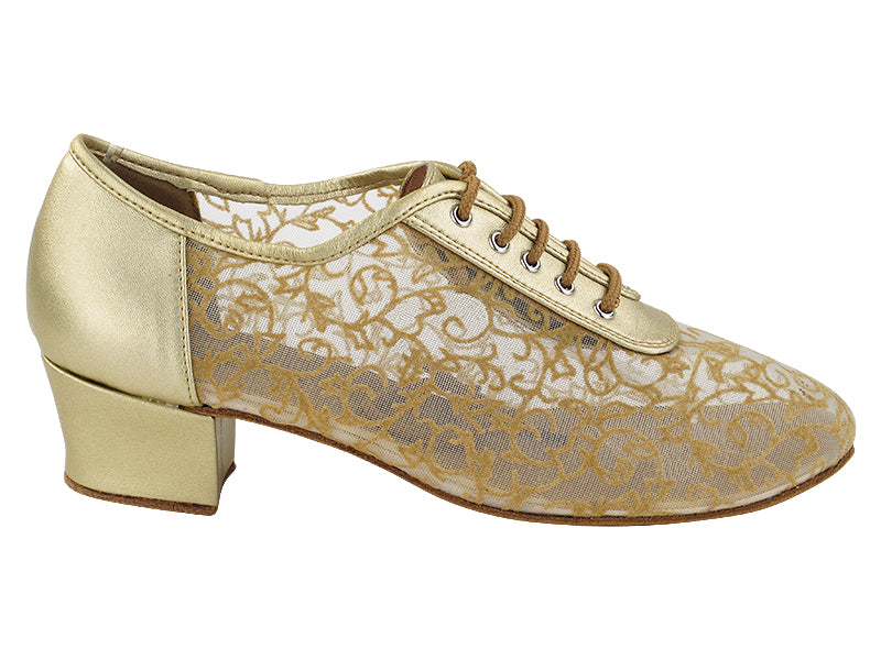 Very Fine 2002 Light Gold Leather and Breathable Flower Mesh Ladies Practice Dance Shoe