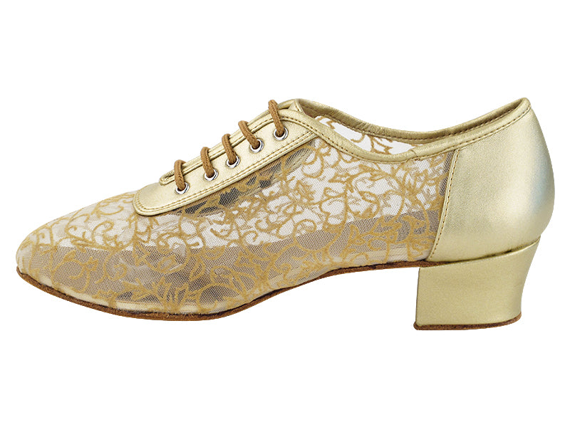 Very Fine 2002 Light Gold Leather and Breathable Flower Mesh Ladies Practice Dance Shoe
