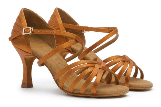 BD Dance 2324_SALE Ladies Latin Dance Shoe Dark Tan Satin with Cross Ankle Strap