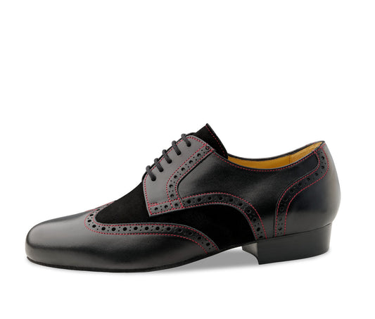 Werner Kern Trapani Men's Black Nappa Leather and Soft Suede Ballroom Dance Shoe with Red Stitching