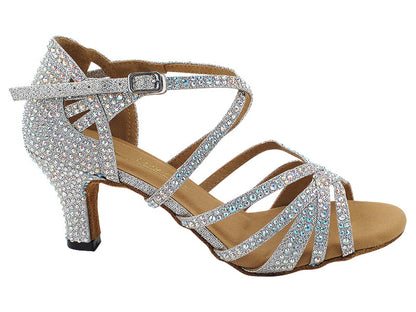 Side view of Very Fine 3037Bling_sale Ladies Latin Dance Shoe in silver. Features AB Crystal Rhinestones, ankle strap, and mid-heel support.