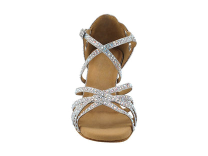 Front view of Very Fine 3037Bling_sale Ladies Latin Dance Shoe in silver. AB Crystal Rhinestones and strappy design enhance its elegance.